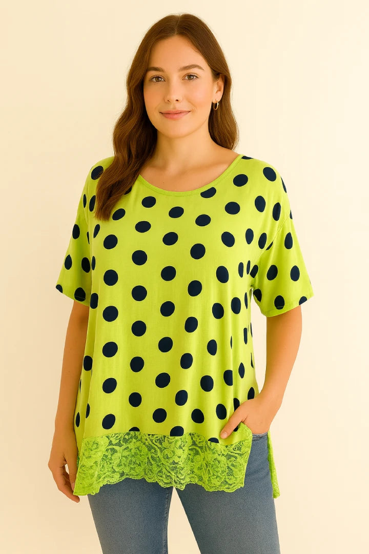 Italian Polka Dot Lace-Hem Tunic Top