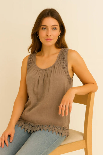 Italian Lace-Trim Sleeveless Cotton Top