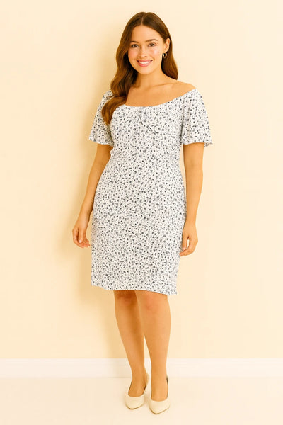 Italian Off-Shoulder Ditsy Floral Midi Dress