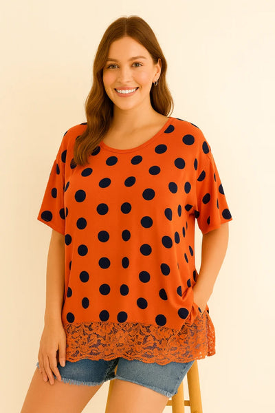 Italian Polka Dot Lace-Hem Tunic Top
