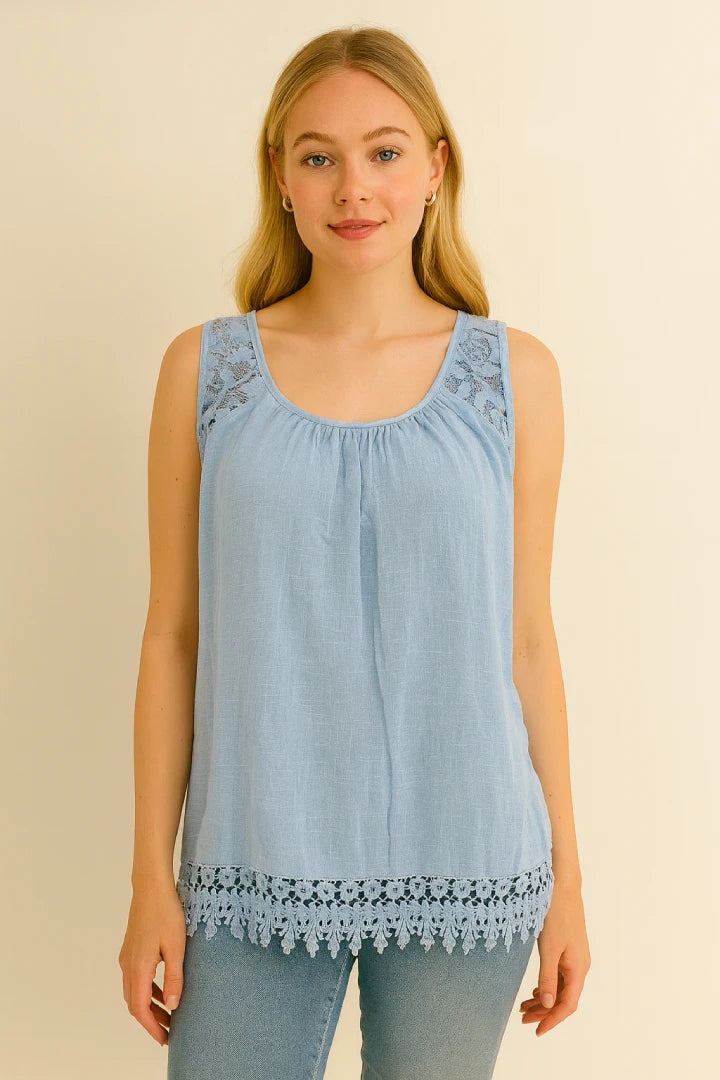 Italian Lace-Trim Sleeveless Cotton Top