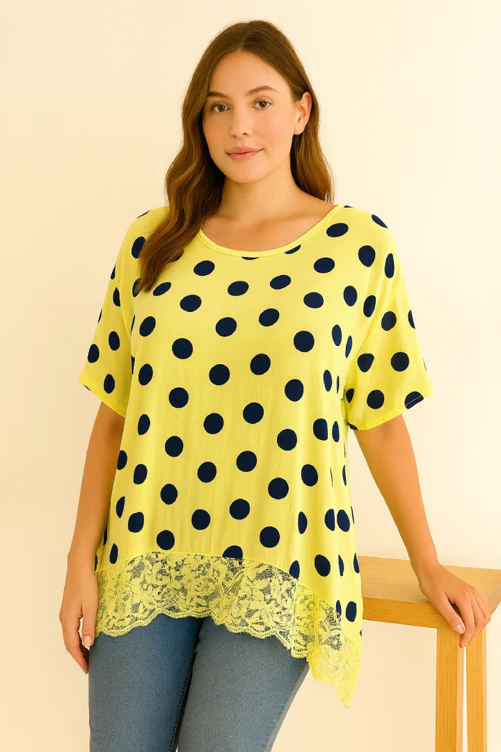 Italian Polka Dot Lace-Hem Tunic Top