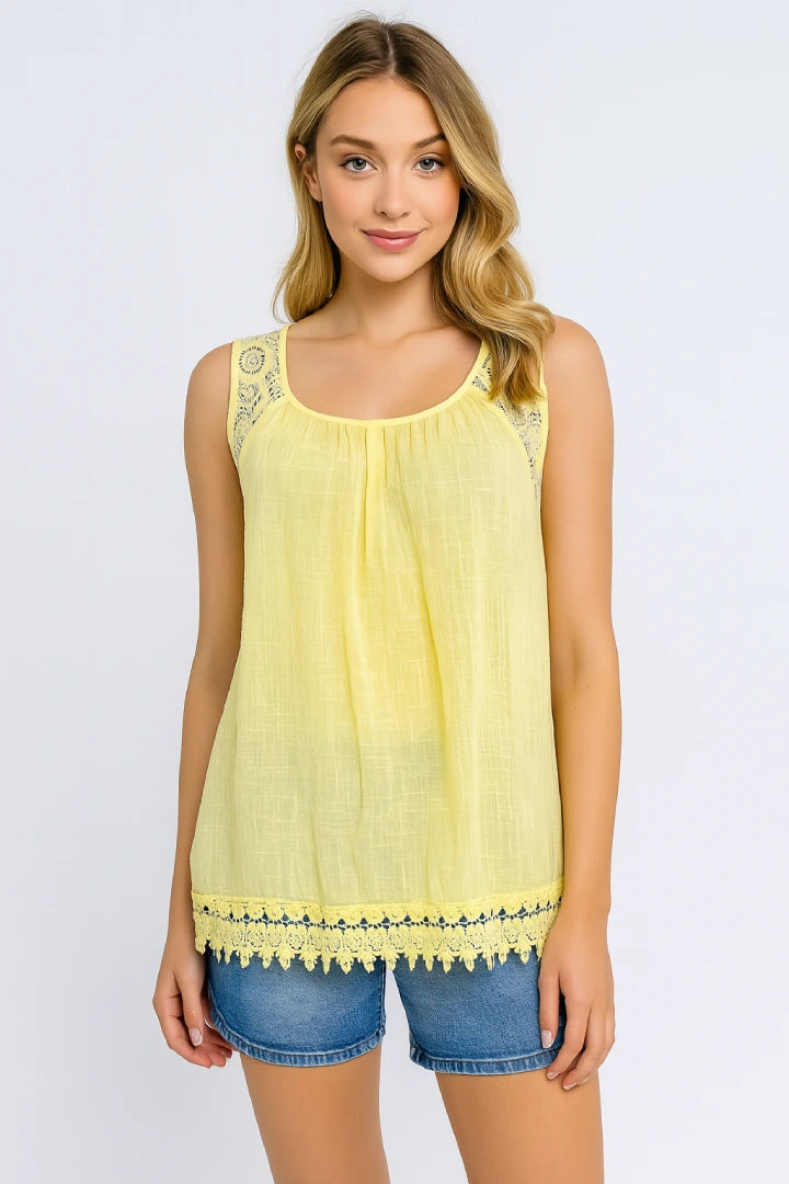 Italian Lace-Trim Sleeveless Cotton Top