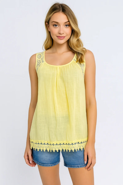Italian Lace-Trim Sleeveless Cotton Top