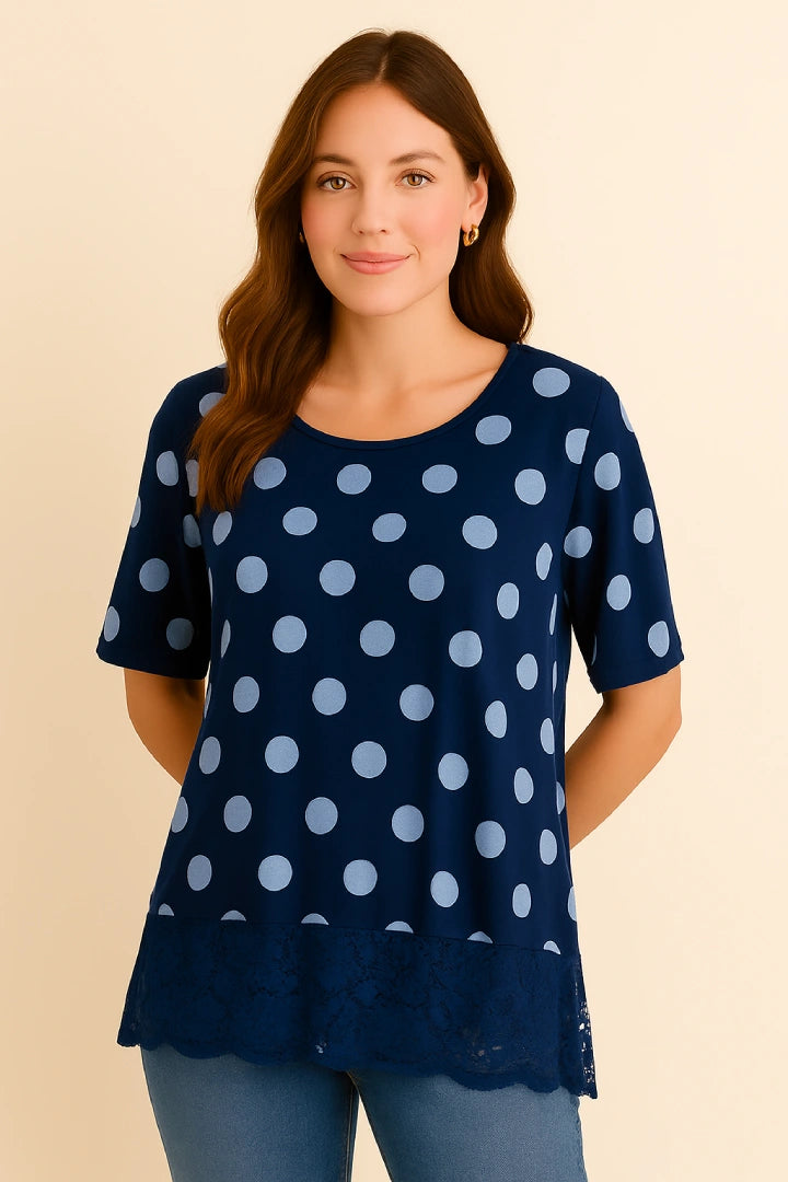Italian Polka Dot Lace-Hem Tunic Top