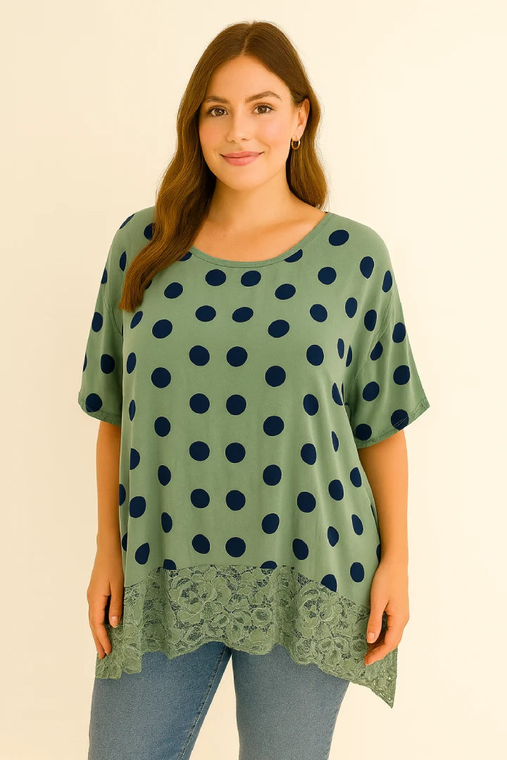 Italian Polka Dot Lace-Hem Tunic Top