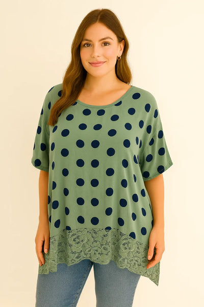 Italian Polka Dot Lace-Hem Tunic Top