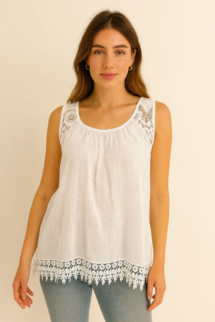 Italian Lace-Trim Sleeveless Cotton Top
