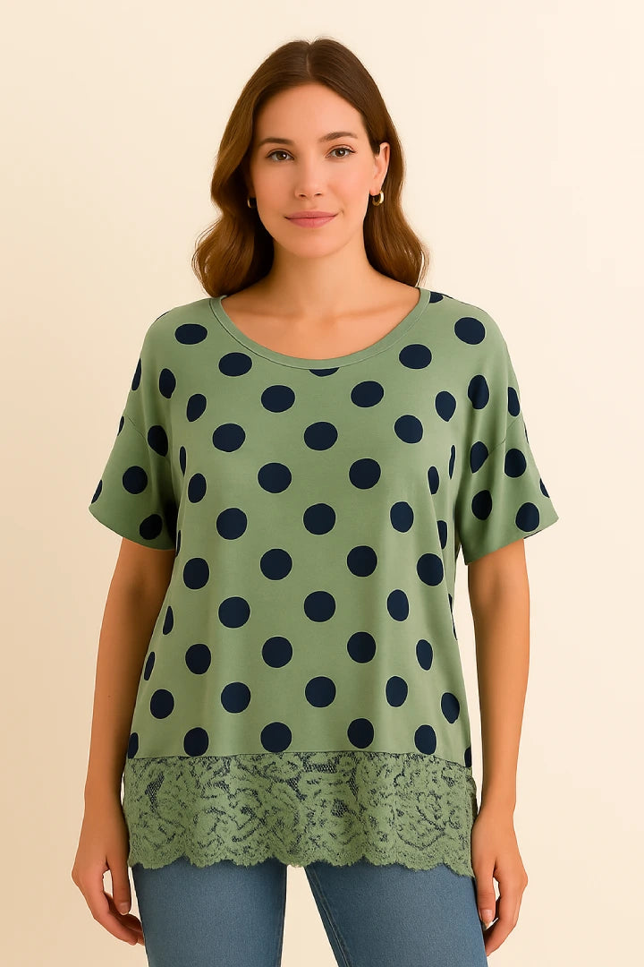 Italian Polka Dot Lace-Hem Tunic Top