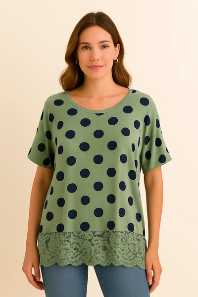 Italian Polka Dot Lace-Hem Tunic Top