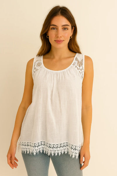Italian Lace-Trim Sleeveless Cotton Top