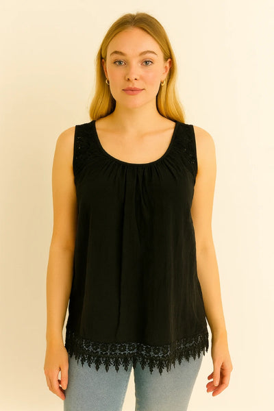 Italian Lace-Trim Sleeveless Cotton Top