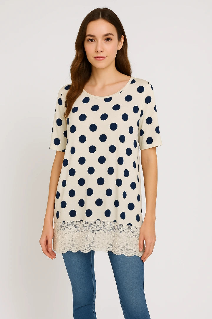 Italian Polka Dot Lace-Hem Tunic Top