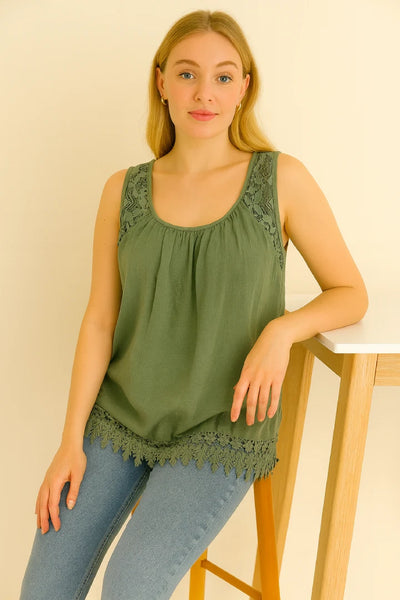 Italian Lace-Trim Sleeveless Cotton Top