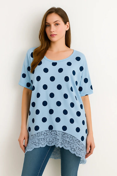 Italian Polka Dot Lace-Hem Tunic Top