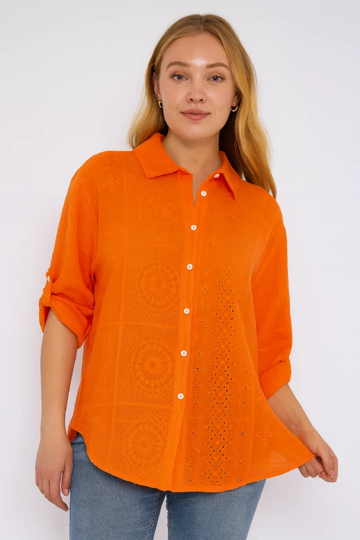 Italian Embroidered Cotton Button-Up Tunic