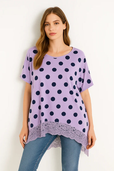 Italian Polka Dot Lace-Hem Tunic Top