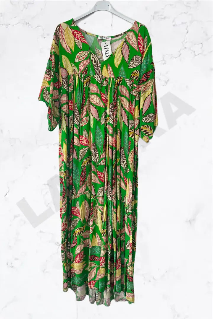 Italian Tropical Leaf V-Neck Maxi Dress