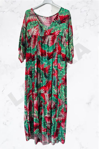 Italian Tropical Leaf V-Neck Maxi Dress