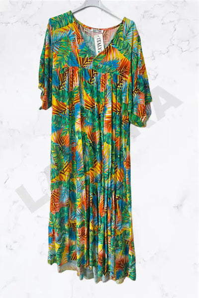 Italian Tropical Leaf V-Neck Maxi Dress