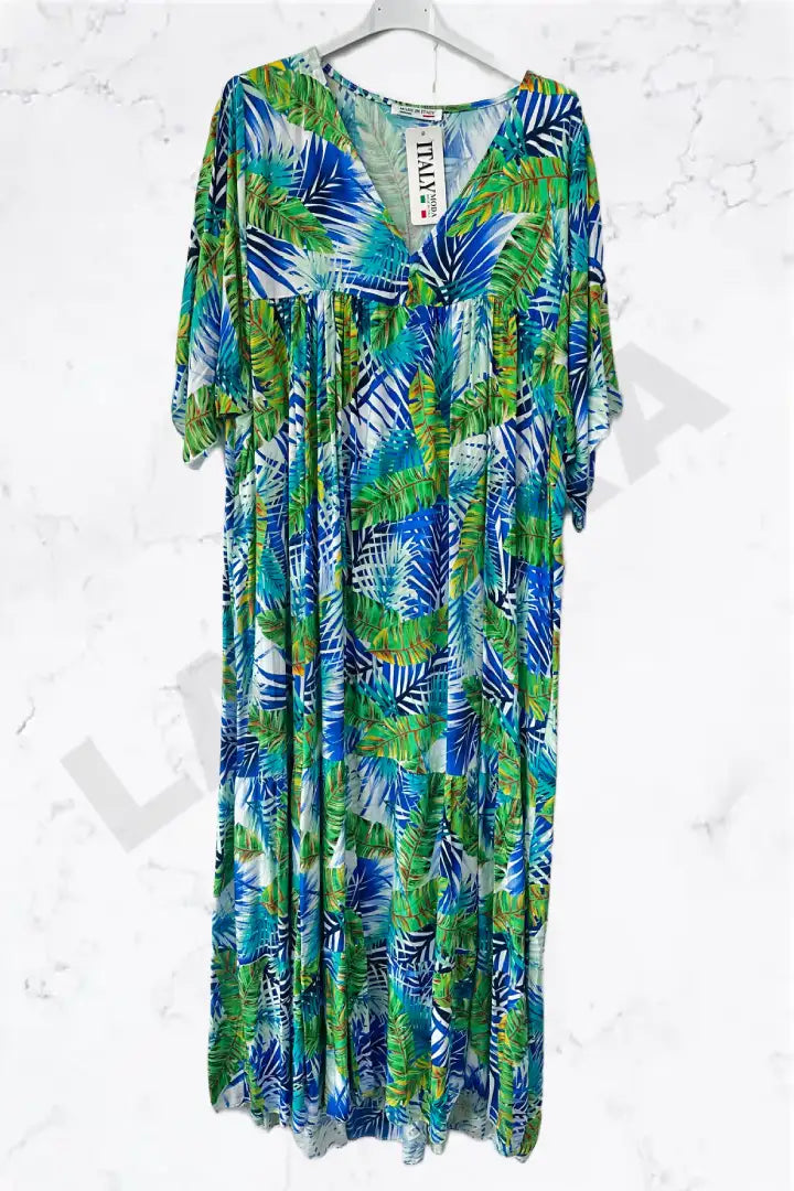 Italian Tropical Leaf V-Neck Maxi Dress