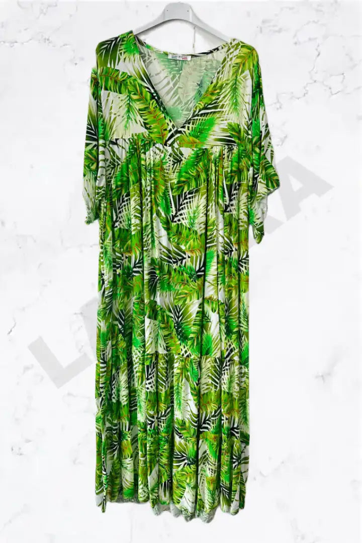 Italian Tropical Leaf V-Neck Maxi Dress