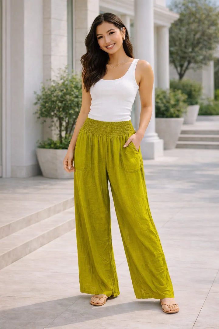Olive green wide leg elasticated waist trousers for women UK