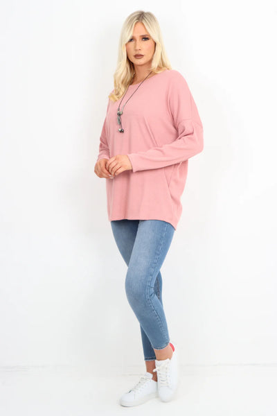 Italian Basic Soft Knit Long Sleeve Necklace Top
