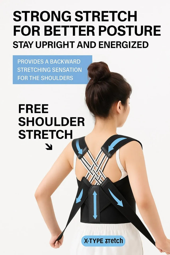 Person wearing a black and blue shoulder support brace with text about posture correction.