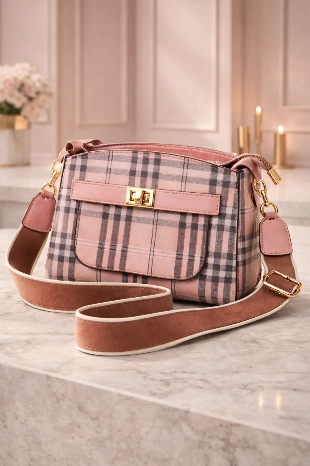 Pink plaid handbag with brown strap on a marble surface