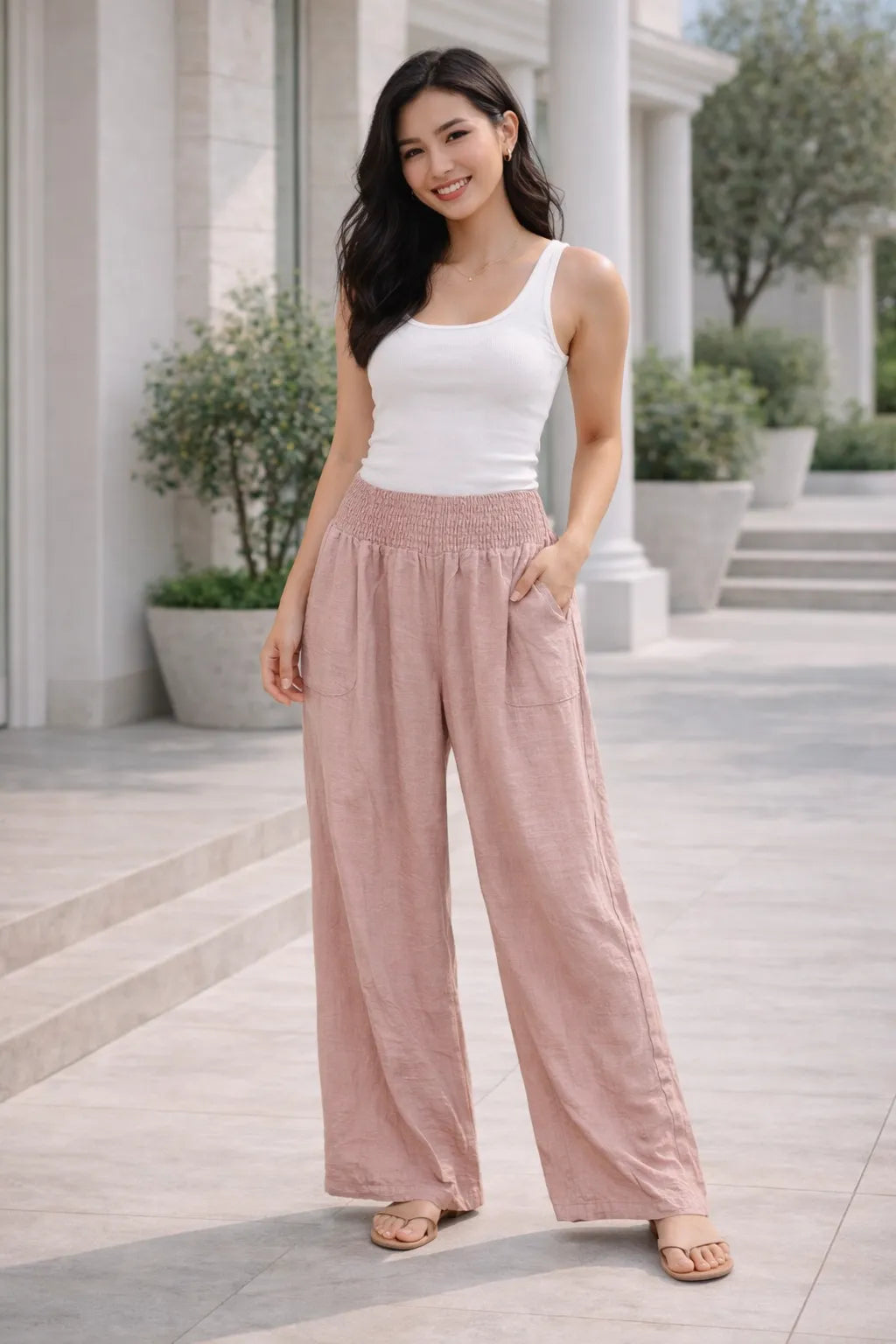 Pink wide leg smocked waistband trousers for women UK