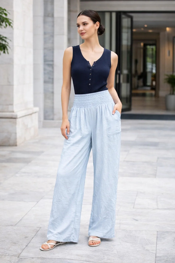 Powder blue wide leg summer trousers for women elasticated waist UK