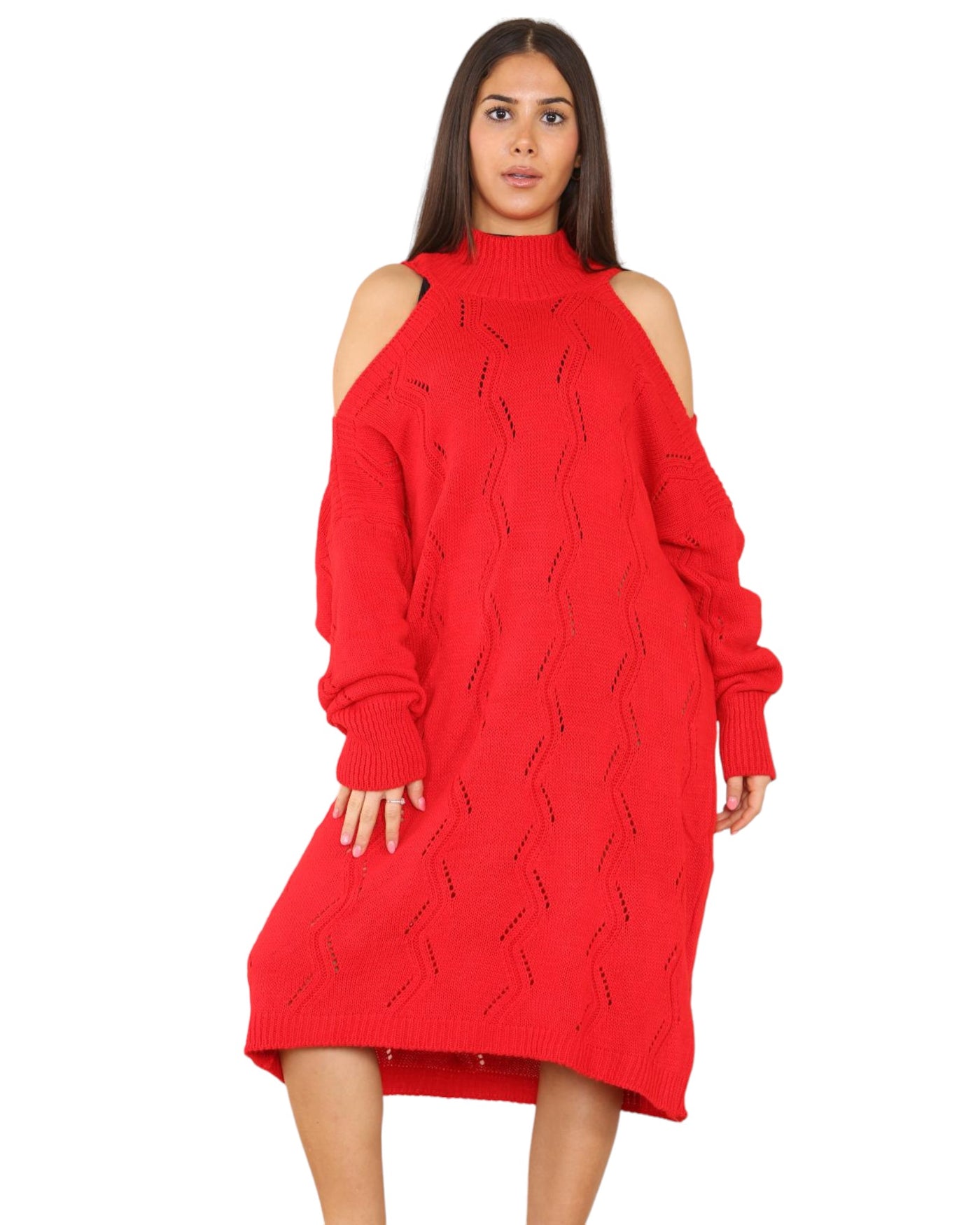 Ribbed High Neck Long Sleeve Chunky Knitted Midi Dress