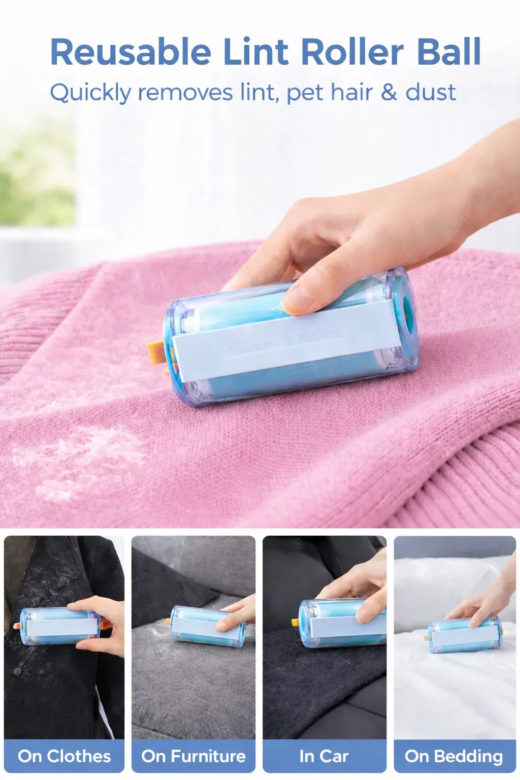 Reusable lint roller ball being used on a pink surface with text indicating its uses.
