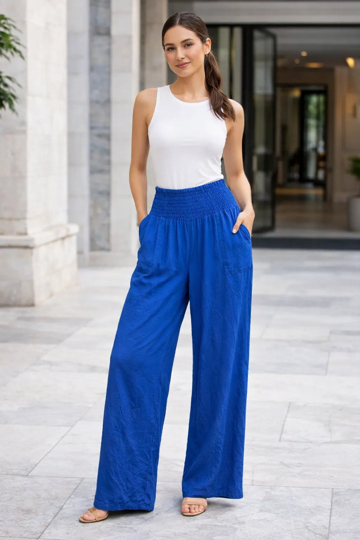 Royal blue wide leg smocked waist trousers for women UK