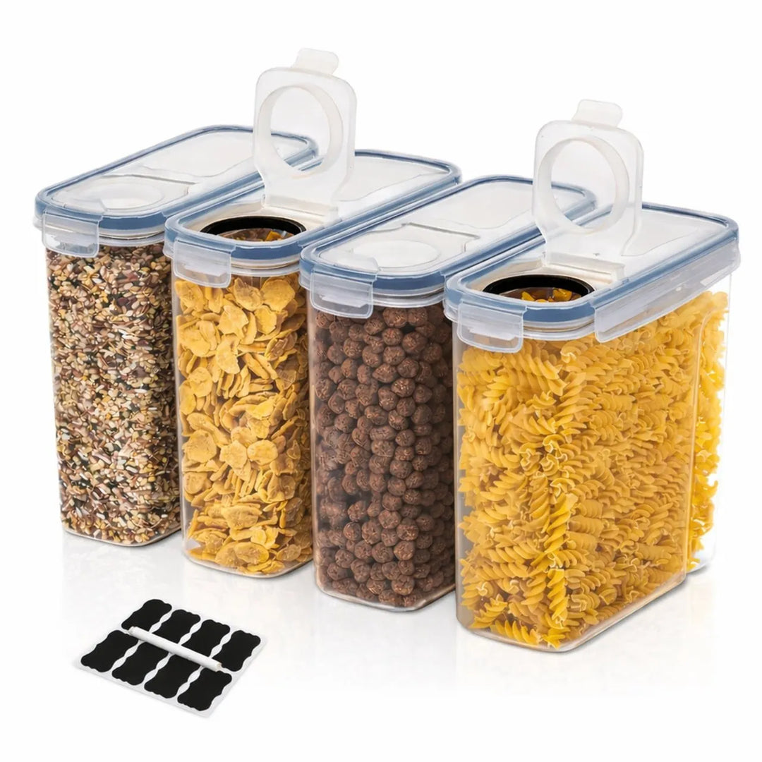 Set of four clear food storage containers with lids, each filled with different types of dry food, on a white background.