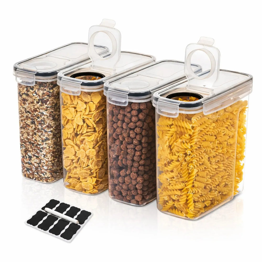 Set of four clear food storage containers with lids, each filled with different types of pasta on a white background.