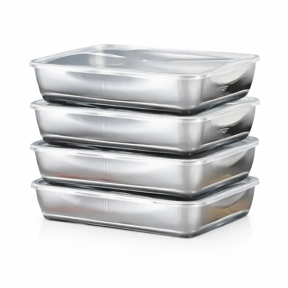 Set of four stainless steel food containers with lids on a white background