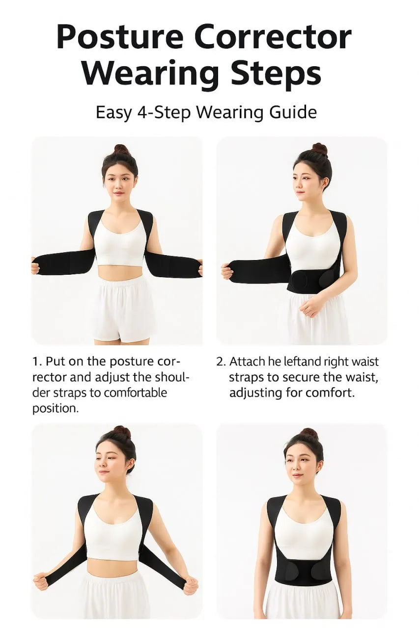 Step-by-step guide on how to wear a posture corrector with images of a woman adjusting the device.