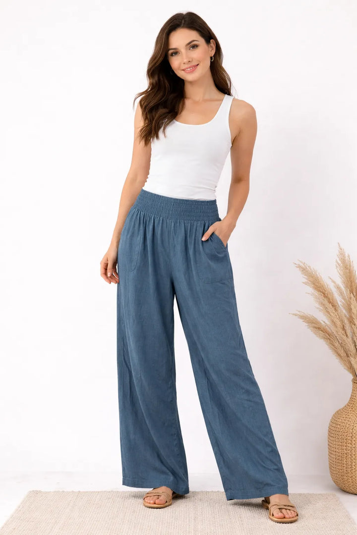 Teal relaxed fit wide leg trousers with elasticated waist UK