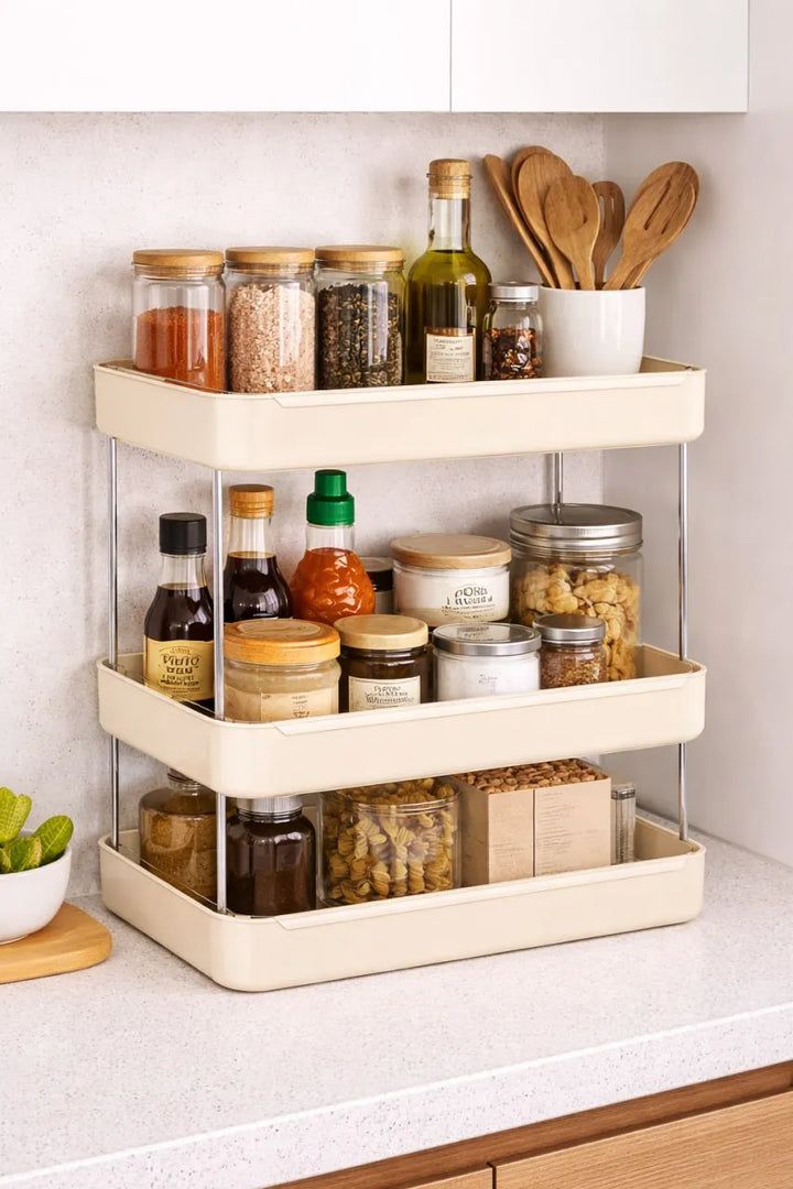 Three-tier kitchen organizer with spices and ingredients on a countertop.
