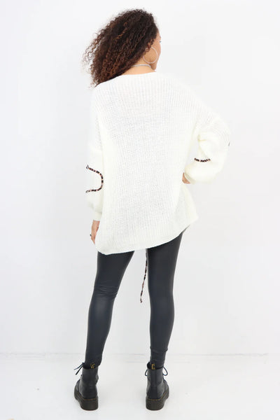 Italian Triple Tie Front Animal Print Chunky Knit Love Heart Cardigan