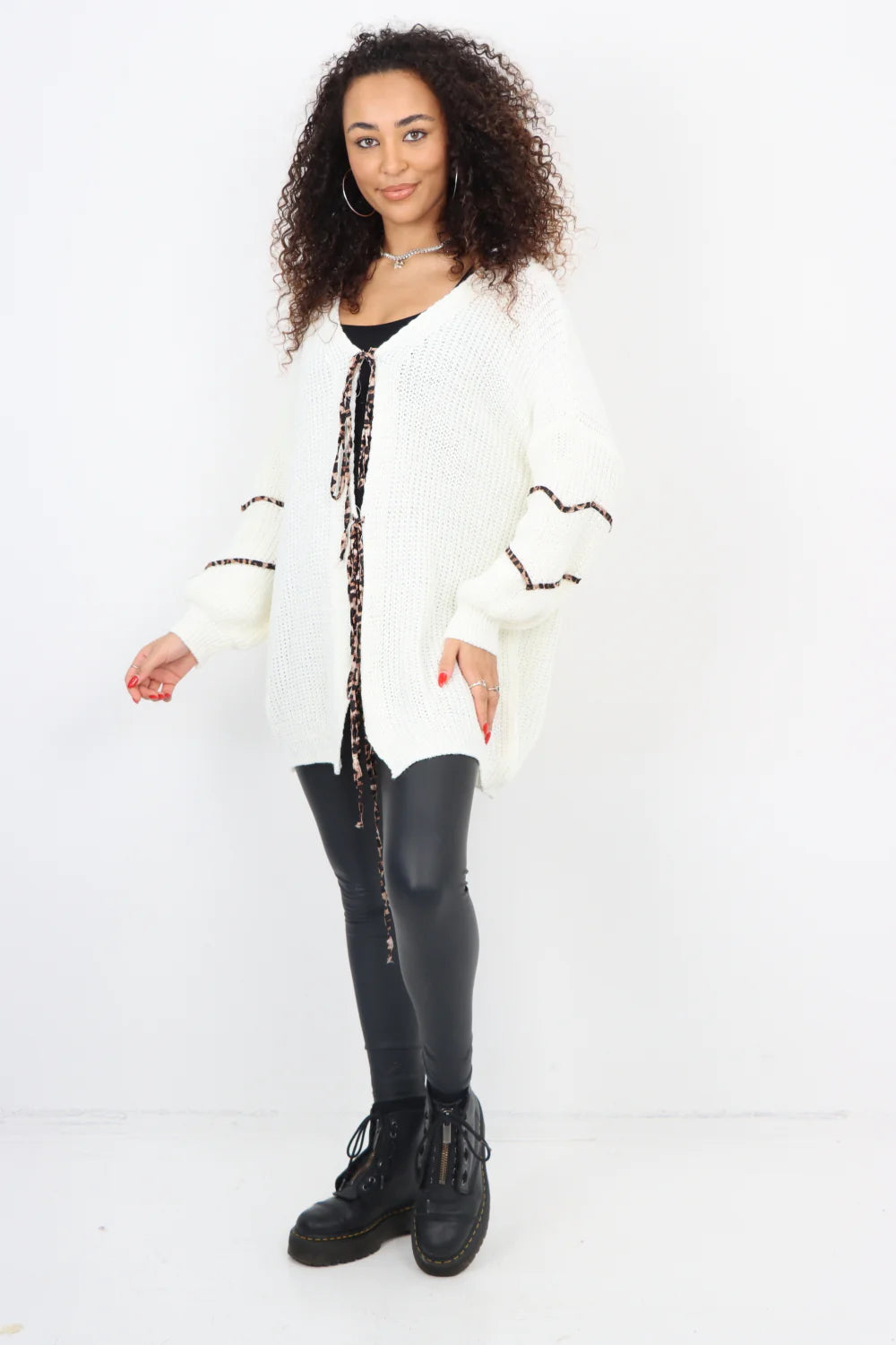 Italian Triple Tie Front Animal Print Chunky Knit Love Heart Cardigan