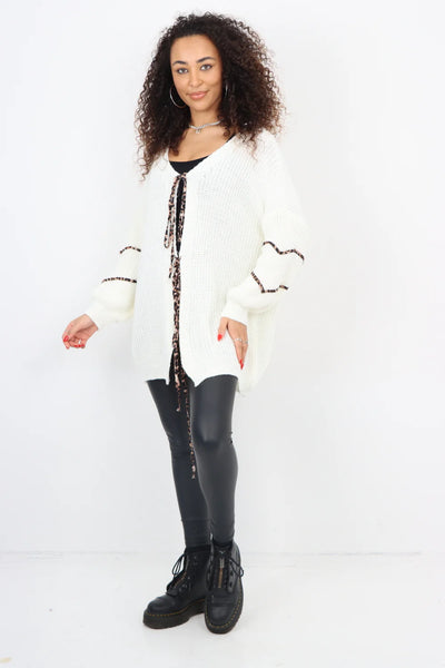 Italian Triple Tie Front Animal Print Chunky Knit Love Heart Cardigan
