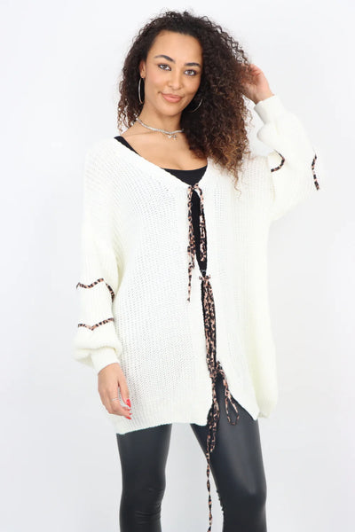 Italian Triple Tie Front Animal Print Chunky Knit Love Heart Cardigan