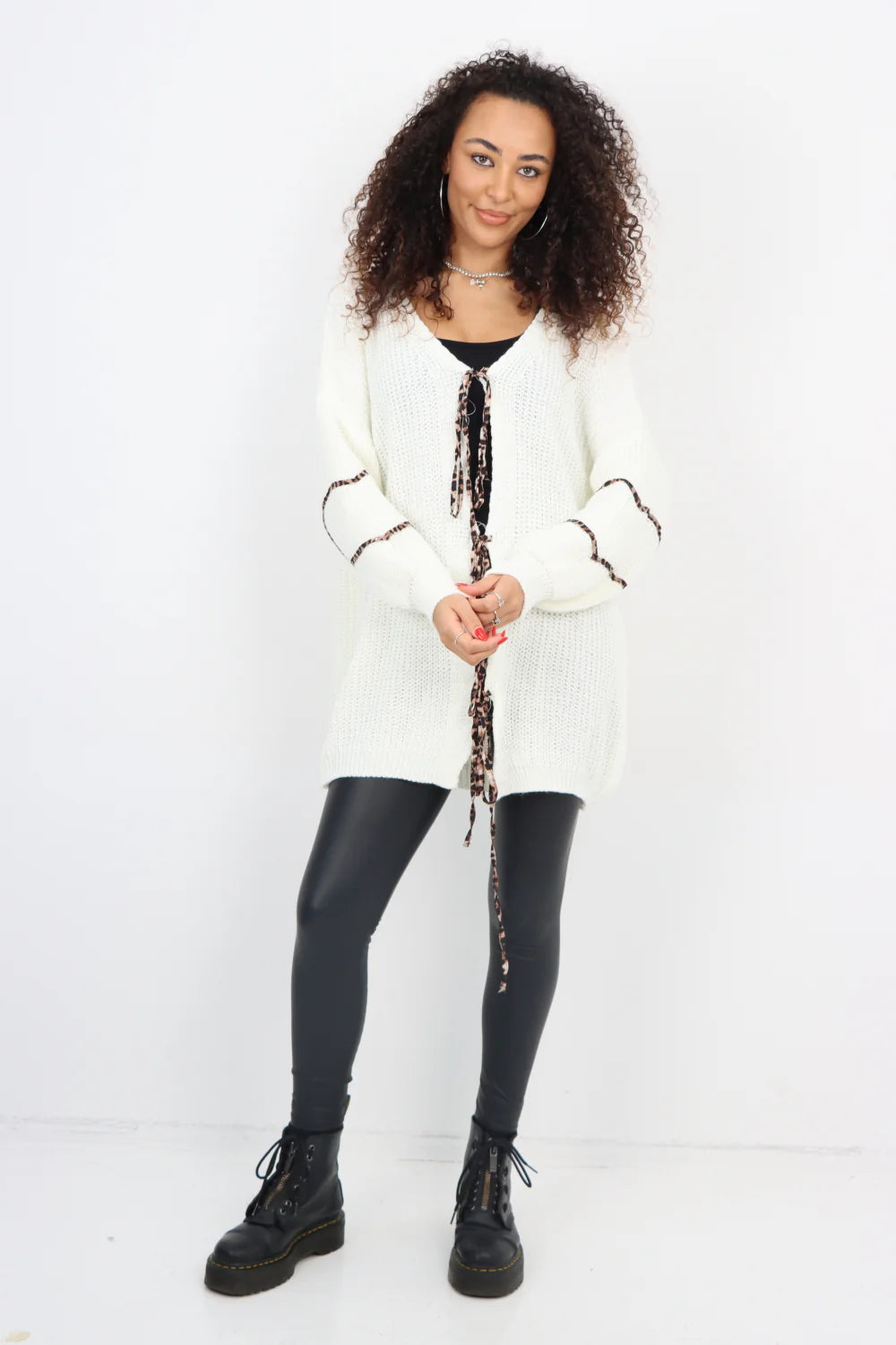 Italian Triple Tie Front Animal Print Chunky Knit Love Heart Cardigan