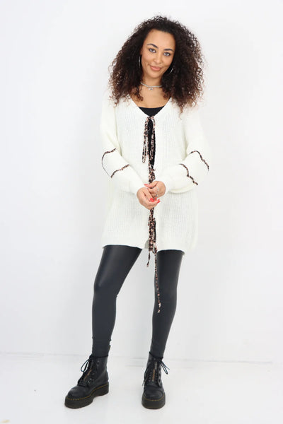 Italian Triple Tie Front Animal Print Chunky Knit Love Heart Cardigan