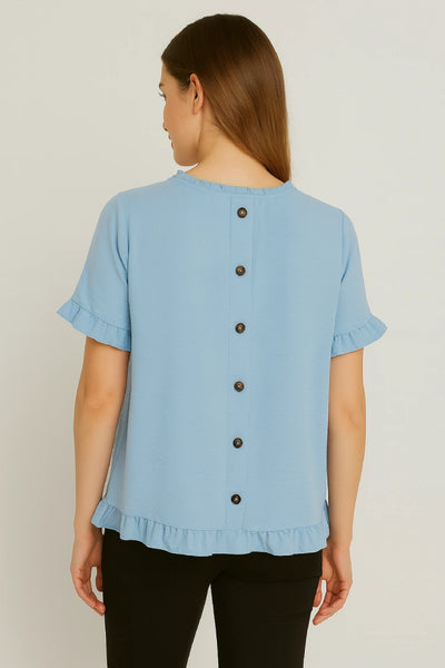 Round Neck Back Button Detail Frill Short Sleeve Top