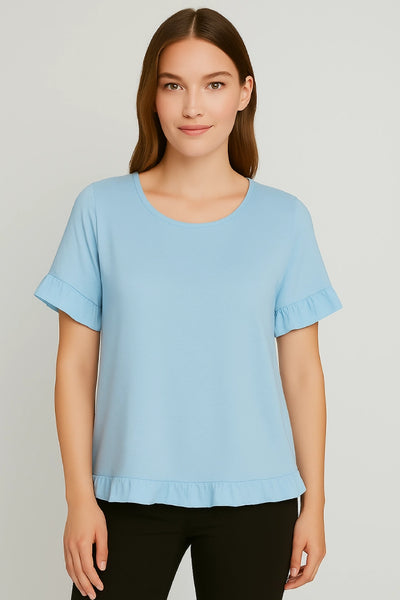 Round Neck Back Button Detail Frill Short Sleeve Top