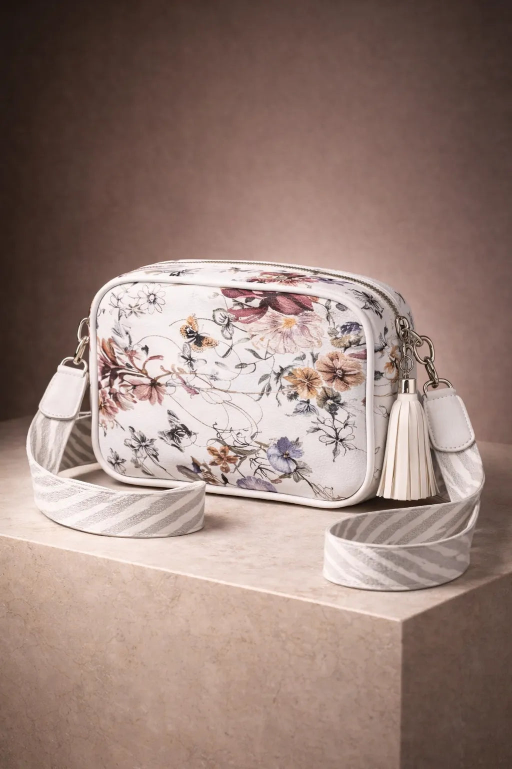 White Floral Print Crossbody Bag